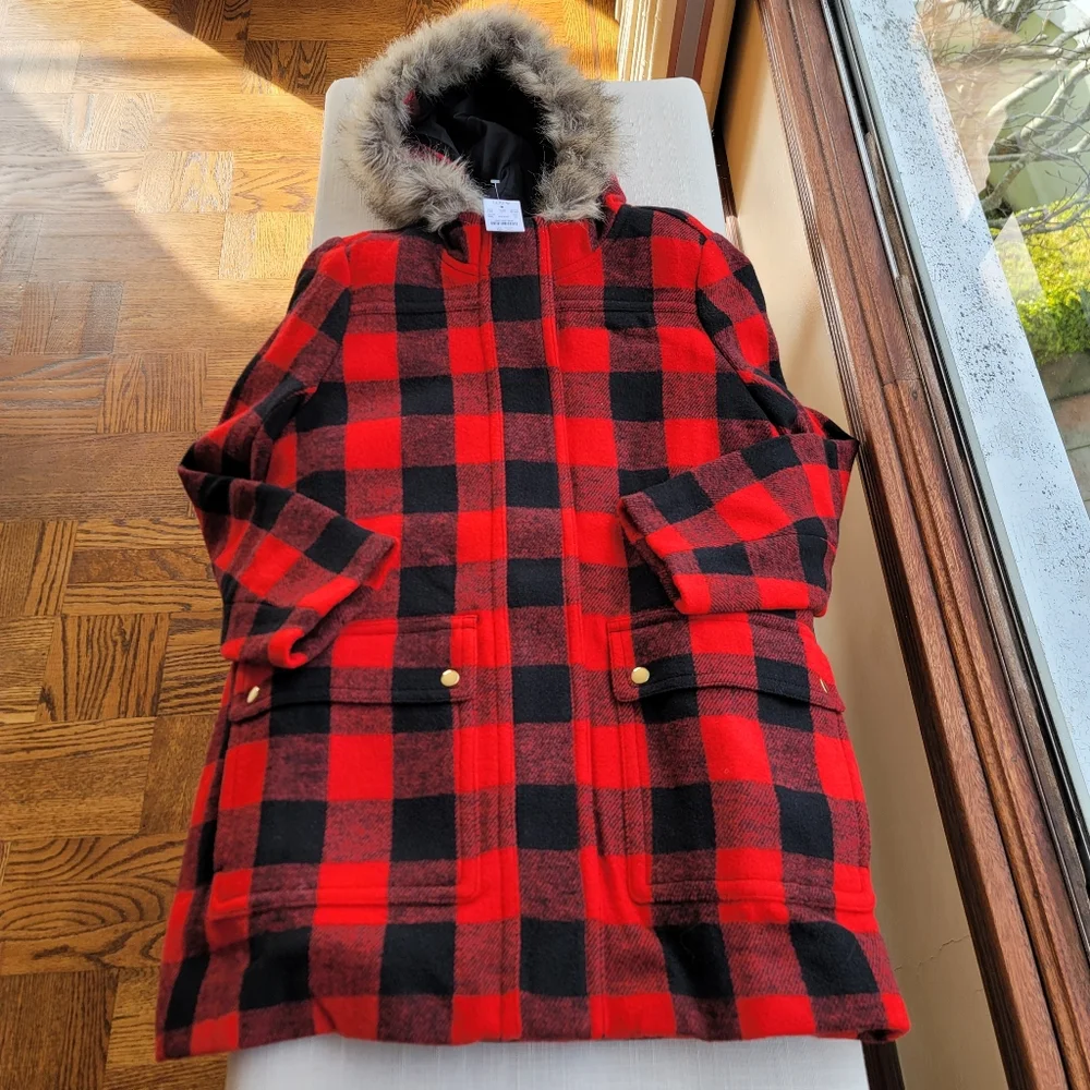 NEW J.Crew sz 12 Vail Parka Buffalo Plaid Wool Pea Coat Hood Classic NWT - Picture 2 of 14